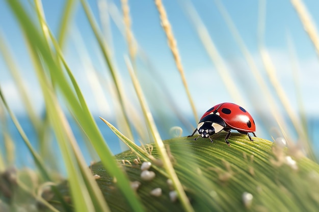 A ladybug sits on a green leaf with the sky in the background.