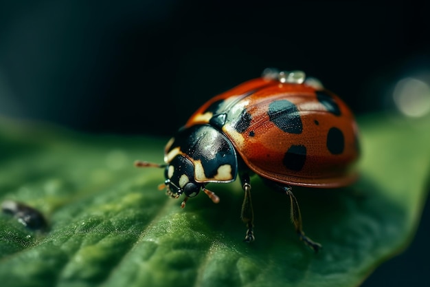 A ladybug sits on a green leaf.