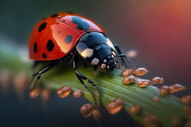 A ladybug sits on a leaf with a red background.