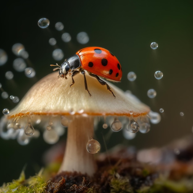 A ladybug sits on a mushroom with a bubble of dew.