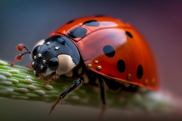 A ladybug sits on a plant with the word ladybird on it