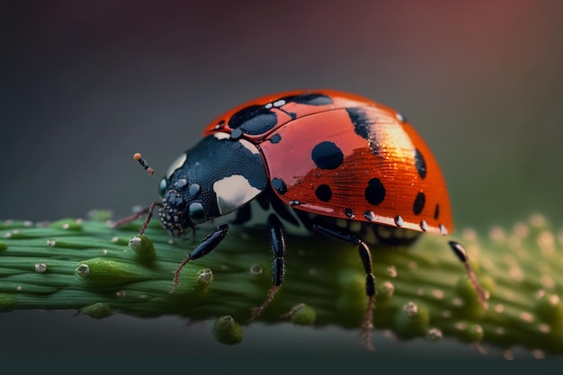 A ladybug sits on a plant with the word ladybird on it