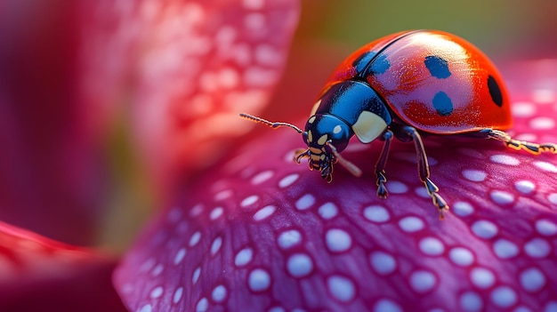 Photo ladybug on a spotted flower 3d illustration