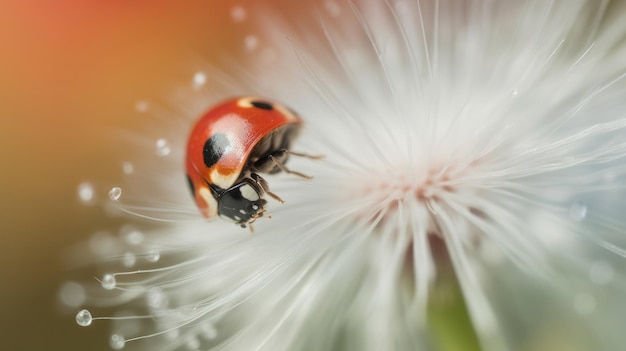 Ladybug on white dandelion Illustration AI GenerativexA