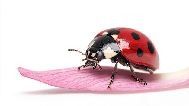 a ladybug with black dots is on a pink surface