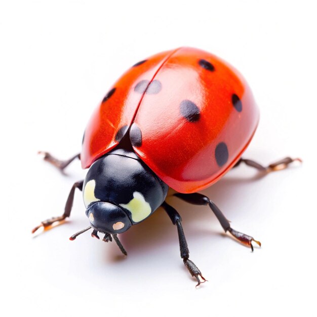 a ladybug with black dots on its face is sitting on a white surface