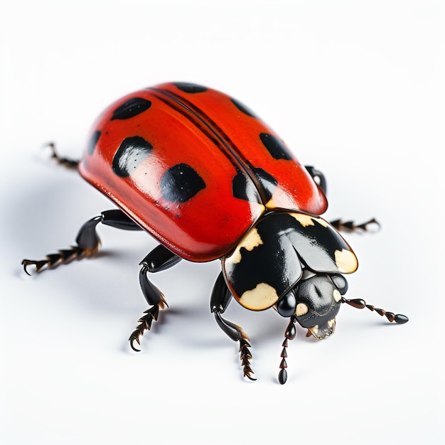 a ladybug with a black face and a black and gold leaf