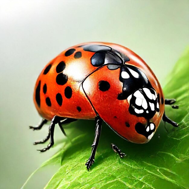 a ladybug with a black spot on its back sits on a green leaf