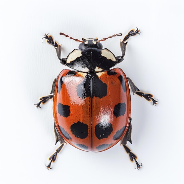 a ladybug with black spots on its back is sitting on a white surface