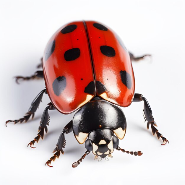 a ladybug with black spots on its back is sitting on a white surface