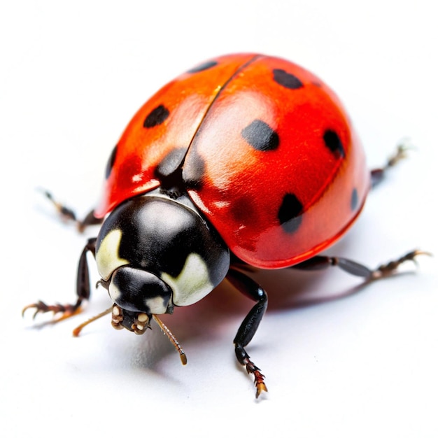 a ladybug with black spots on its back is sitting on a white surface