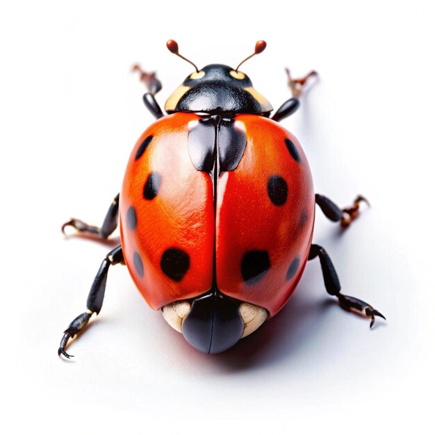 a ladybug with black spots on its back is sitting on a white surface