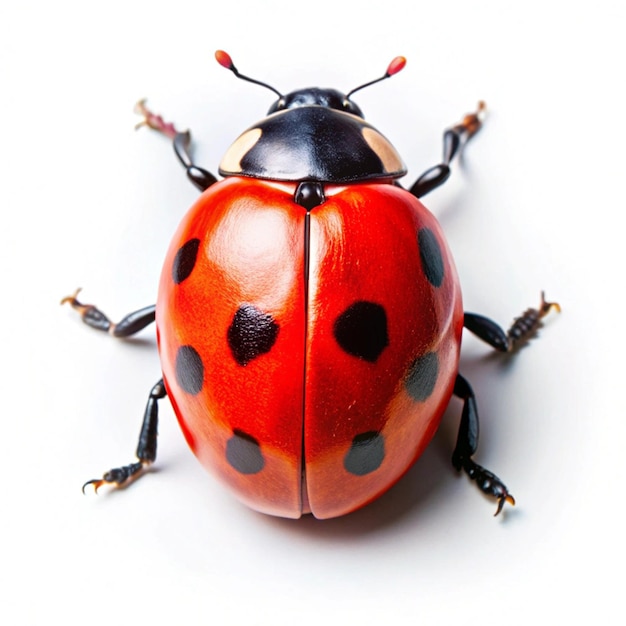 a ladybug with black spots on its back is sitting on a white surface