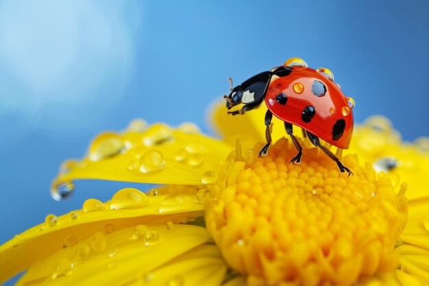 ladybug on yellow flower with water drops on blue sky background