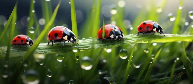 Ladybugs on Dewy Grass Blade