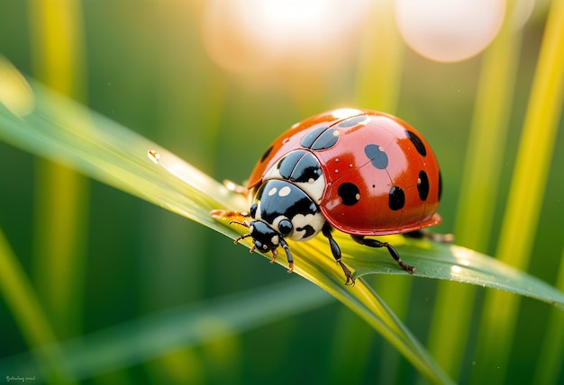 Ladybugs Journey Macro Closeup of a Vibrant Red Beetle Exploring a Blade of Grass