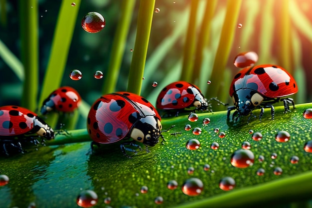 Ladybugs walking on the grass Natural background