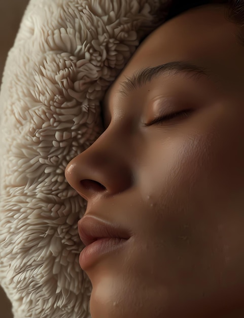 ladys face with eyes closed in a deep sleep resting on a textured and fluffy pillow