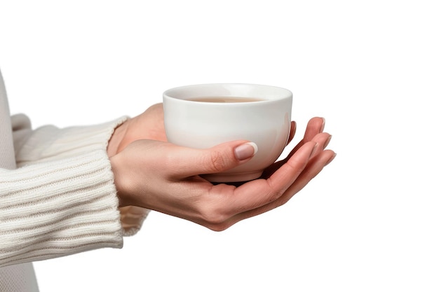 Photo ladys hands holding cup isolated on white background