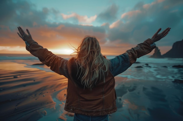 Ladys silhouette with raised arms against calm sunset beach