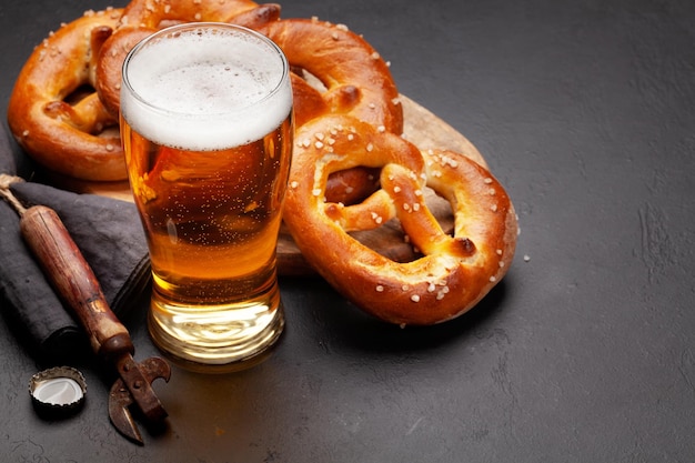 Lager beer mug and fresh baked homemade pretzel