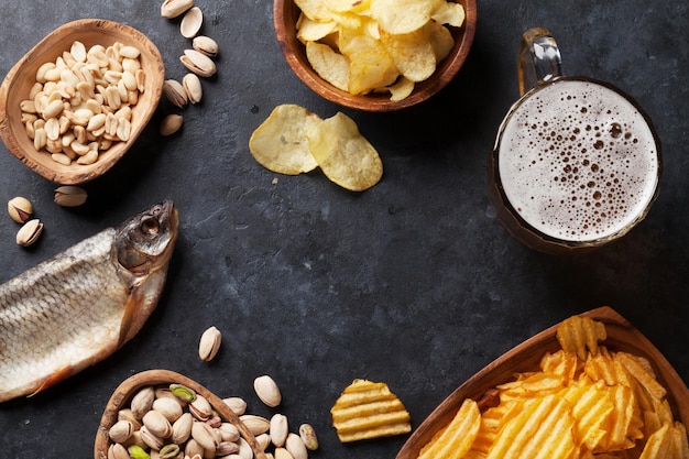 Lager beer mug and snacks