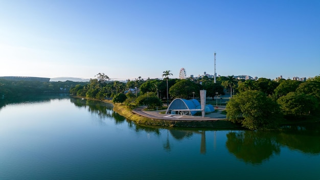 Lagoa da Pampulha in Belo Horizonte overlooking the Church of Sao Francisco de Assis and Guanabara Park Minas Gerais Brazil Aerial view