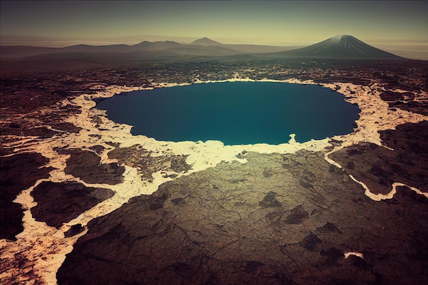 Lagoon at the top of the volcano 3D rendering raster illustration