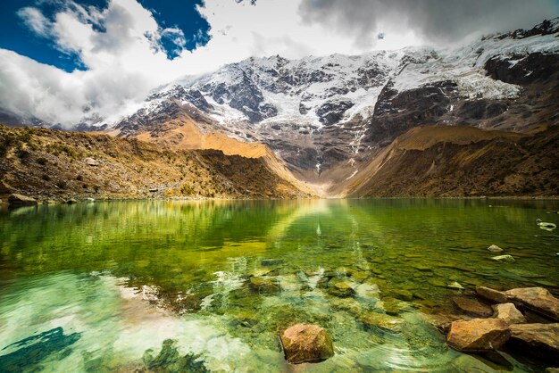 Laguna de Humantay, en la montana del Salkantay en Cusco Peru.