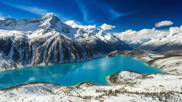 Laguna del inca lake surrounded by high mountains covered in snow in chile