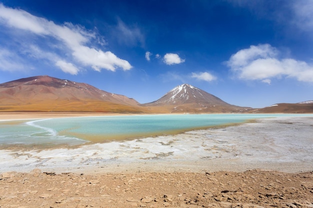 Laguna Verde landscapeBoliviaBeautiful bolivian panoramaGreen lagoon and Licancabur volcano