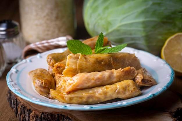 Lahana Sarma, Turkish traditional food,a boiled cabbage leaf that is formed into a roll with a stuffing of rice