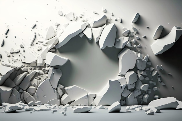 Laid out in form of circle of white shards and stones in futuristic 3D art abstract