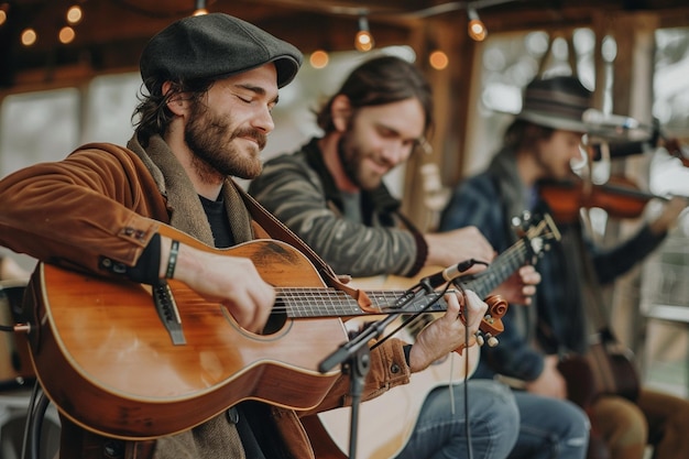 Laidback acoustic vibes at rustic barn gathering a generative ai