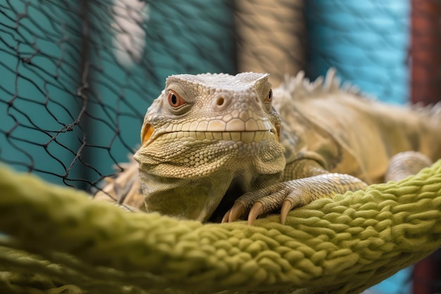 Laidback Iguana Enjoys Comfortable Reptile Hammock Bed Generative AI