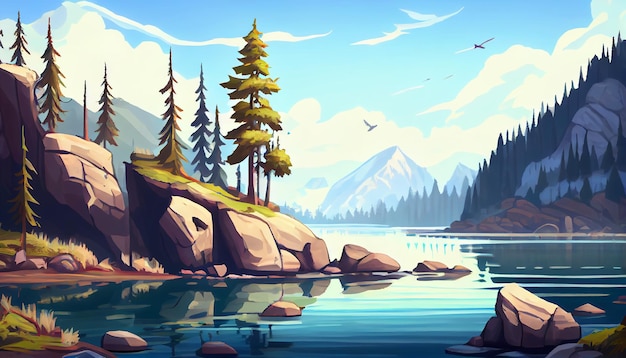 Lake 2D background environment for a mobile game A high quality horizontal background landscape Gaming template design location Generative ai