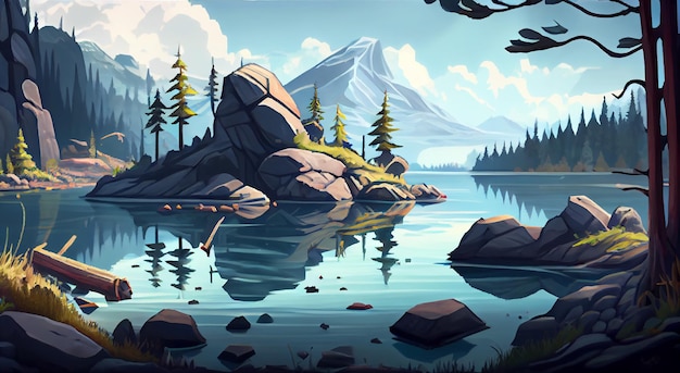 Lake 2D background environment for a mobile game A high quality horizontal background landscape Gaming template design location Generative ai