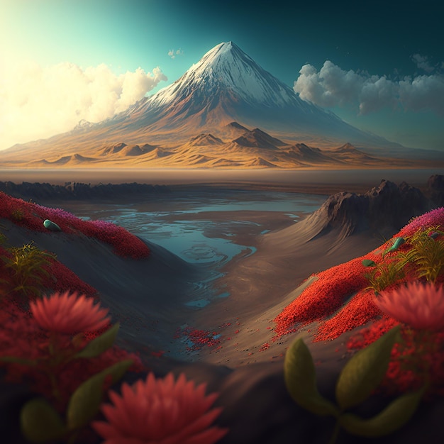 Lake against backdrop of volcano flowers in foreground