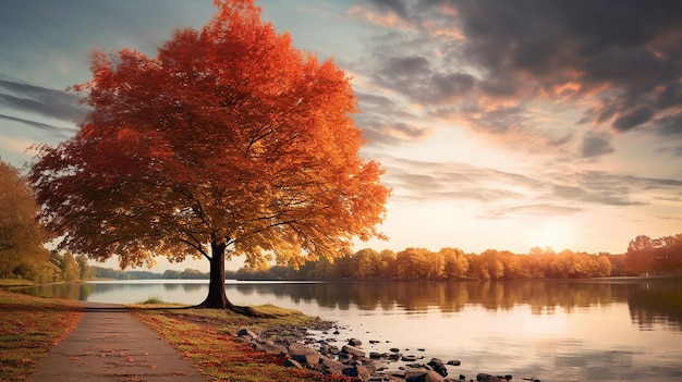 A Lake in the Autumn with a Tree in the Foreground