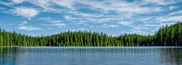 Lake on the background of green forest banner Generative AI