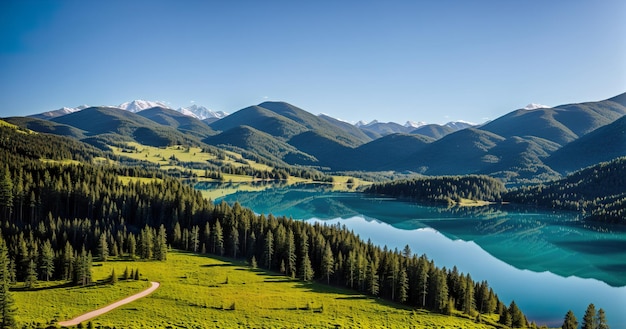 Lake on the background of green forest banner Generative AI