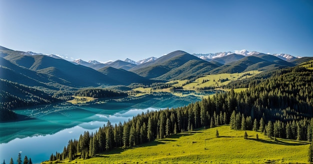 Lake on the background of green forest banner Generative AI