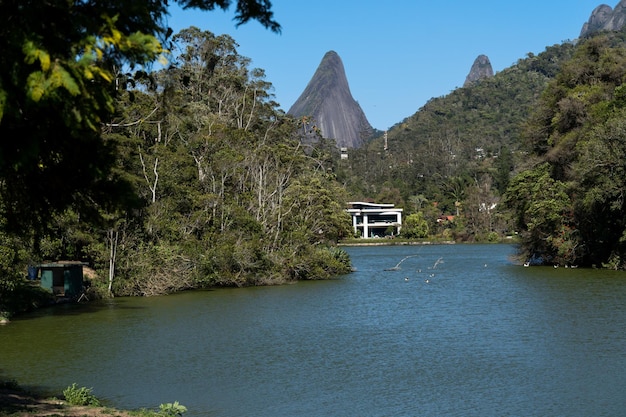 Lake Comary in Teresopolis Rio de Janeiro Brazil Mountain region of the state Place full of nature with houses and hills around Many geese and birds inhabit the region