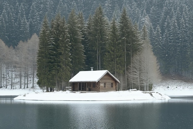 At lake Eibsee Germany a cabin on an island on a frozen lake with forest trees and snowy pine trees in the background