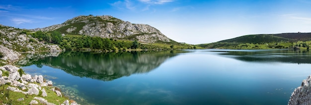 Lake Enol in Picos de Europa Asturias Spain Panoramic view