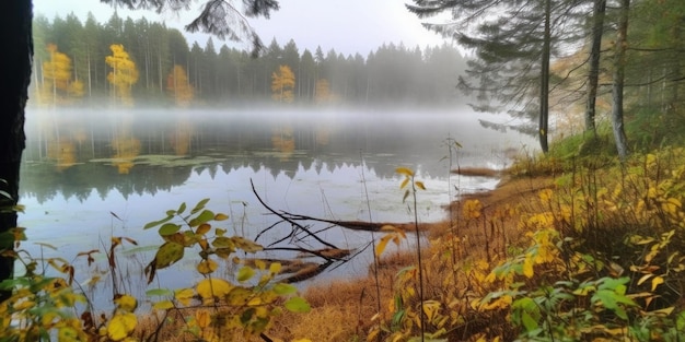 A lake in the fall with a forest in the background.