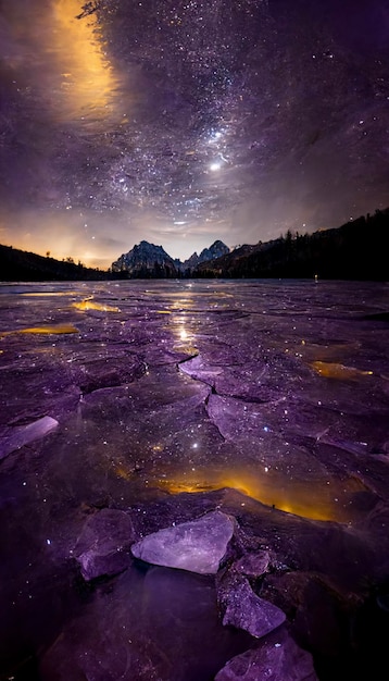 Lake filled with lots of ice under a sky full of stars generative ai