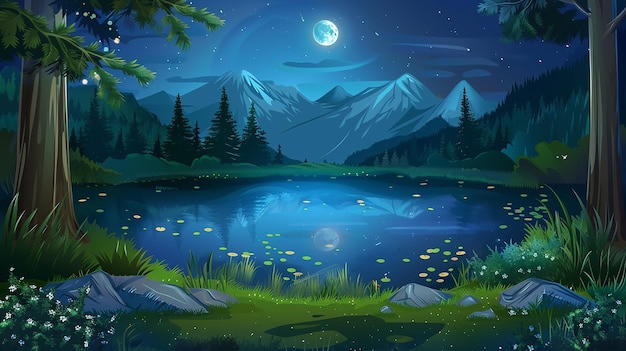 Lake in forest night cartoon background Panoramic view