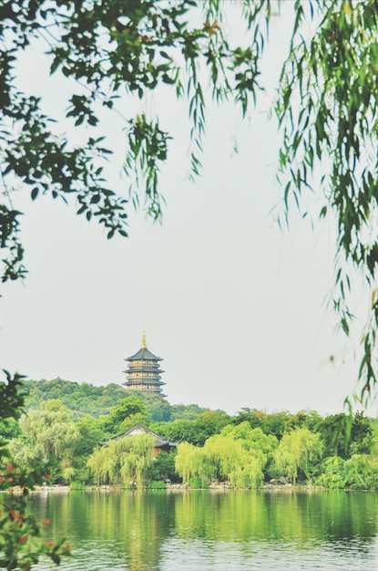 Lake in front of temple and trees against sky