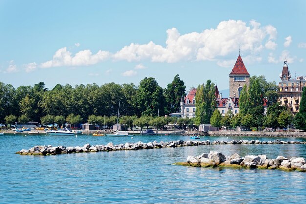 Lake Geneva embankment at Chateau Ouchy in Lausanne, Switzerland.